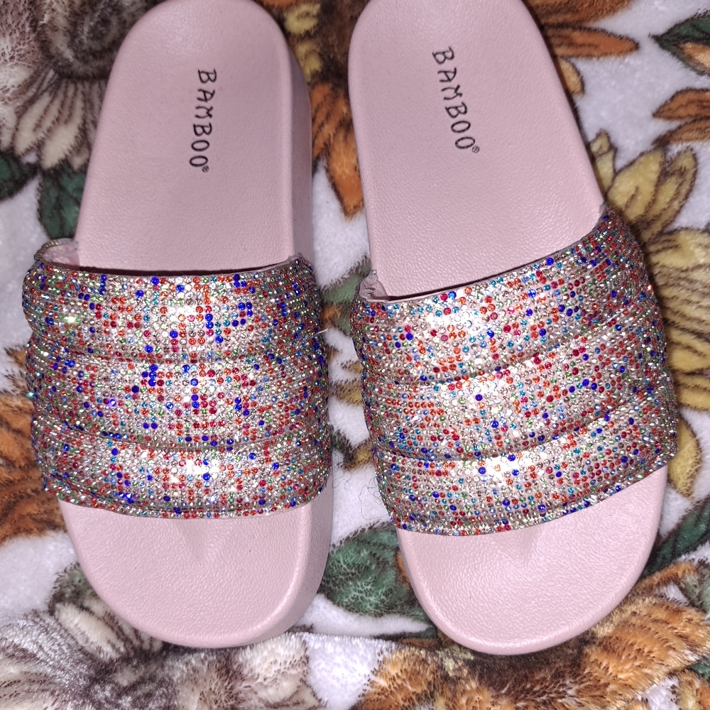 These are the cutest rhinestone encrusted Bamboo slides